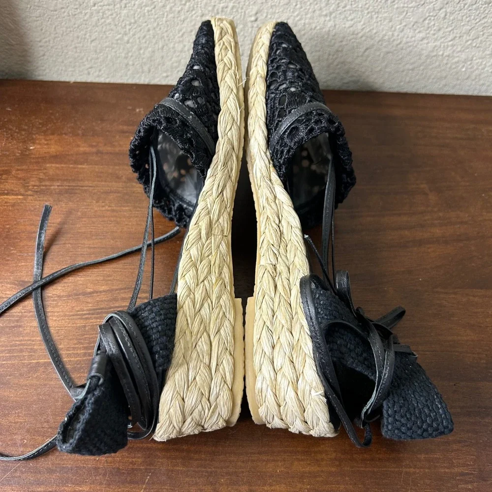 Stuart Weitzman Espadrille 8‎ Black Crochet Lace Wedge Ankle Lace Up Sandals